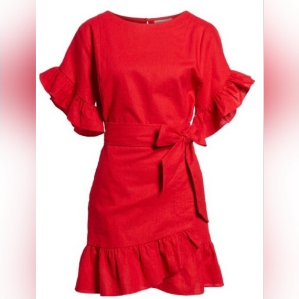 Socialite Red Linen Cotton Wrap Dress Flutter Sleeves Size Large L